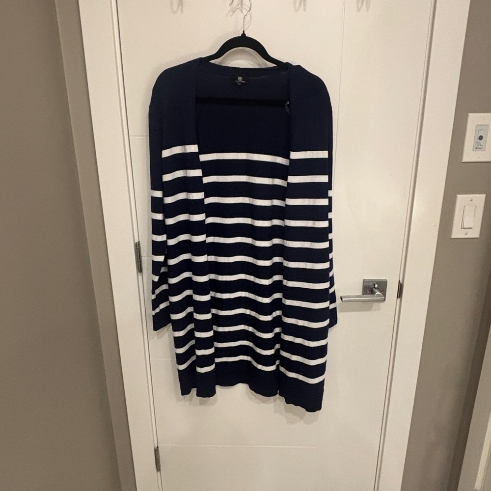 Striped Open-Front Navy and White Women's Cardigan Sweater